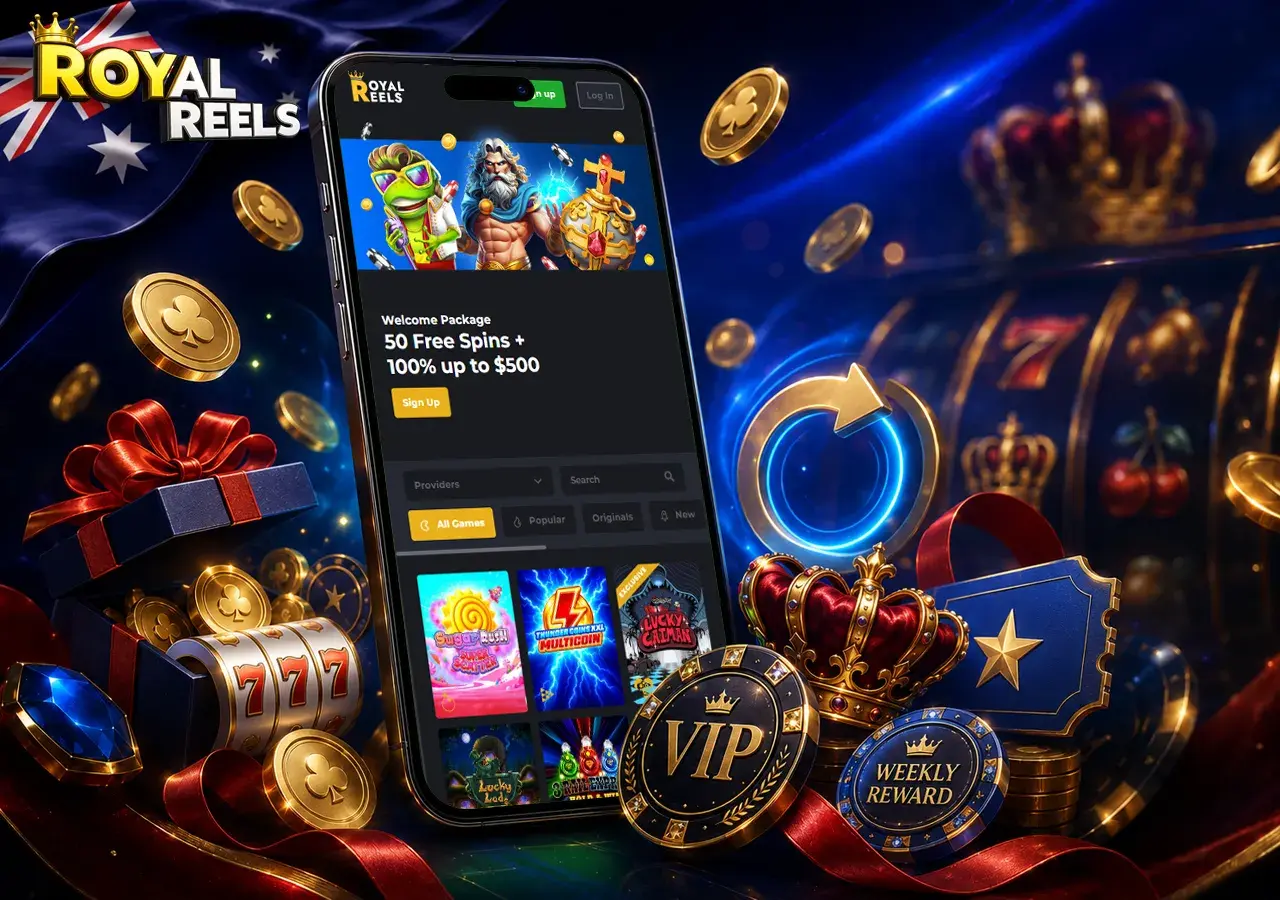 Bonus and promotion hub with gift box, free spins, VIP chips and glowing reward elements